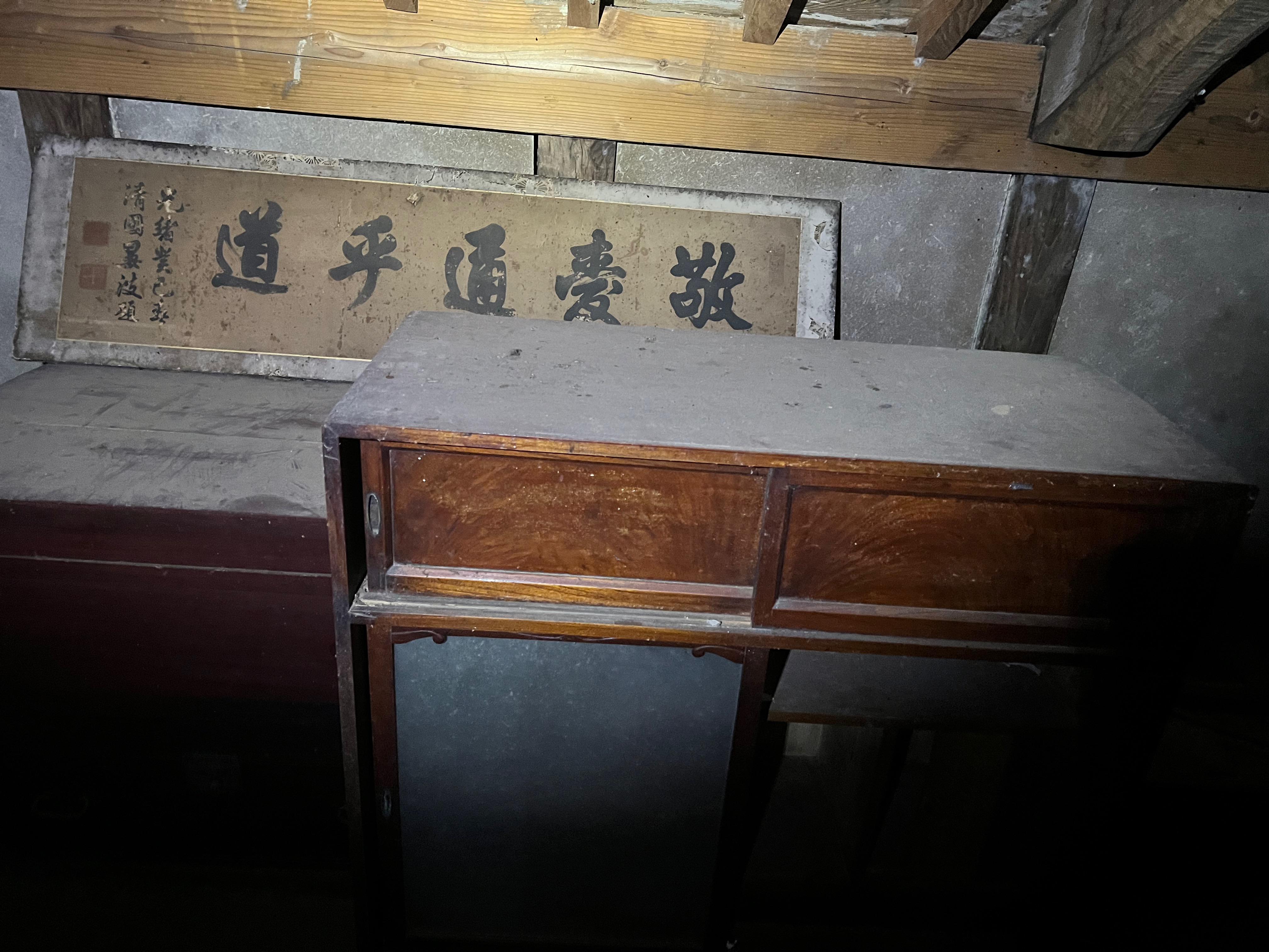 Large tansu chest, lacquer worn to bare wood — long-term storage